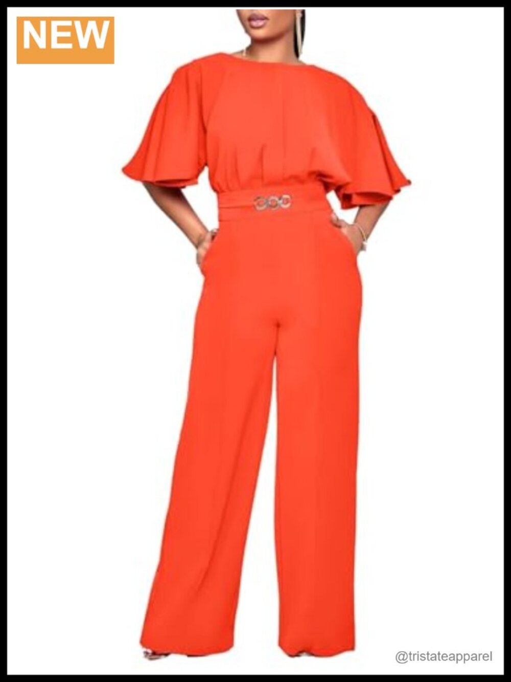 Elegant Plus Size Jumpsuit Wide Leg Short Sleeve Gold Buckle Dressy